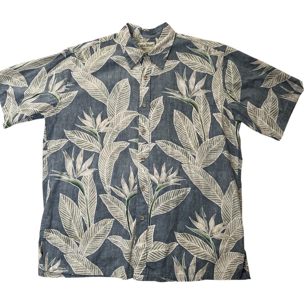 Cooke Street Hawaiian Shirt Mens XL Blue Bird of‎ Paradise Cotton Button Down